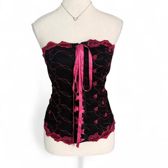 Cacique Tops - Cacique black + pink corset top pink ribbon lace details. Size: large 14 /16
